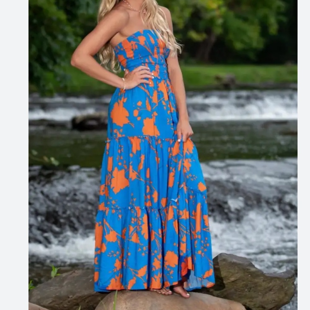 Strapless Blue & Orange Floral Maxi Dress